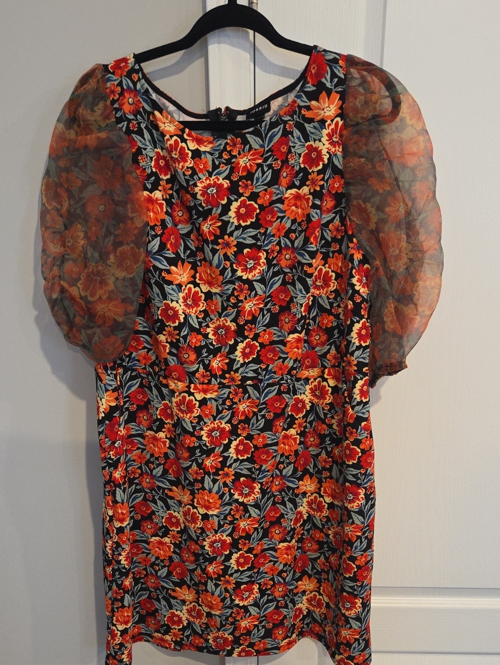 torrid Black Floral Mini Dress with Orange Puff Sleeves